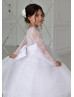 Long Sleeve White Lace Tulle Buttons Back Flower Girl Dress